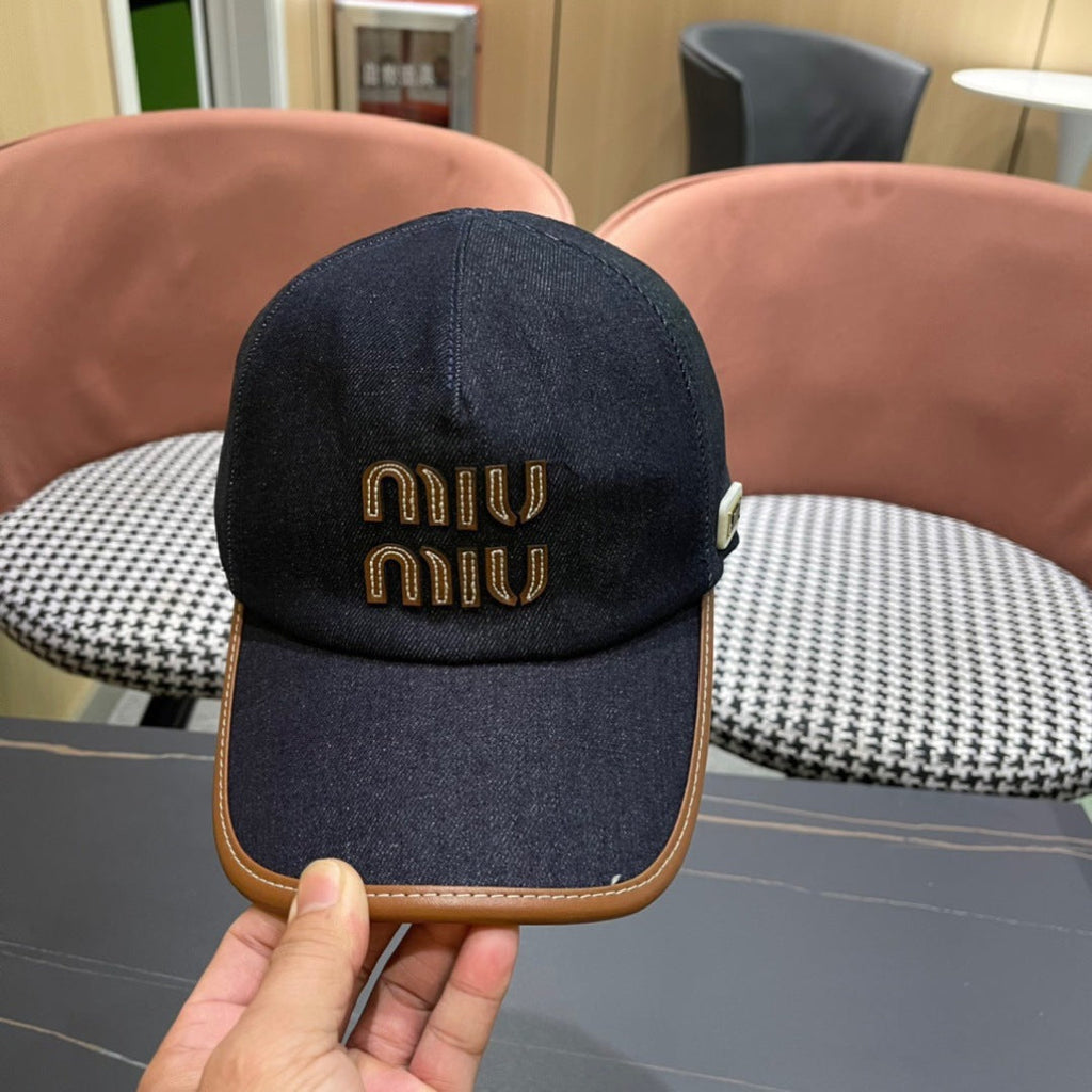 MIU MIU MM BASEBALL CAP IN NAVY BLUE DENIM AND CALFSKIN