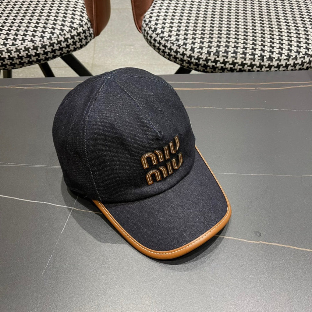 MIU MIU MM BASEBALL CAP IN NAVY BLUE DENIM AND CALFSKIN