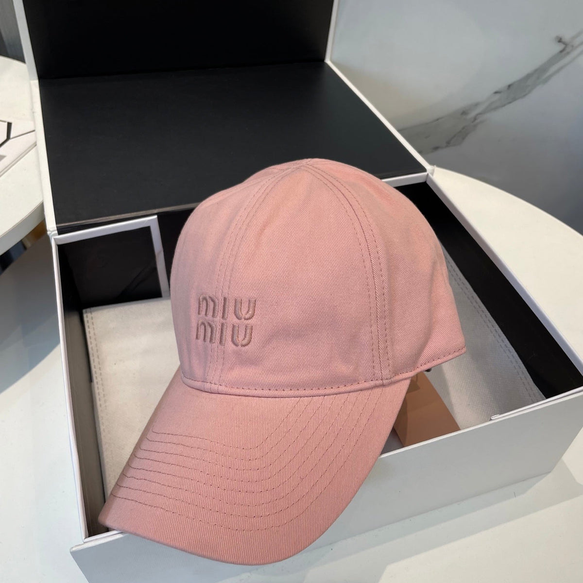 MIU MIU MM BASEBALL CAP IN PEACHY PINK FABRIC BRAND EMBROIDERY