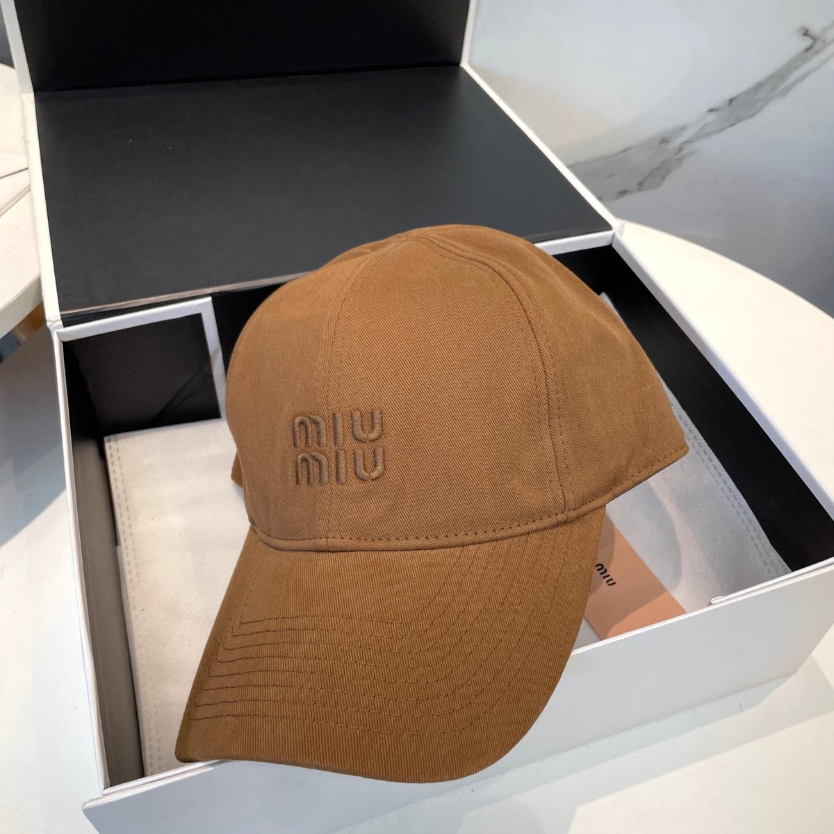 MIU MIU MM BASEBALL CAP IN BURNT ORANGE FABRIC BRAND EMBROIDERY