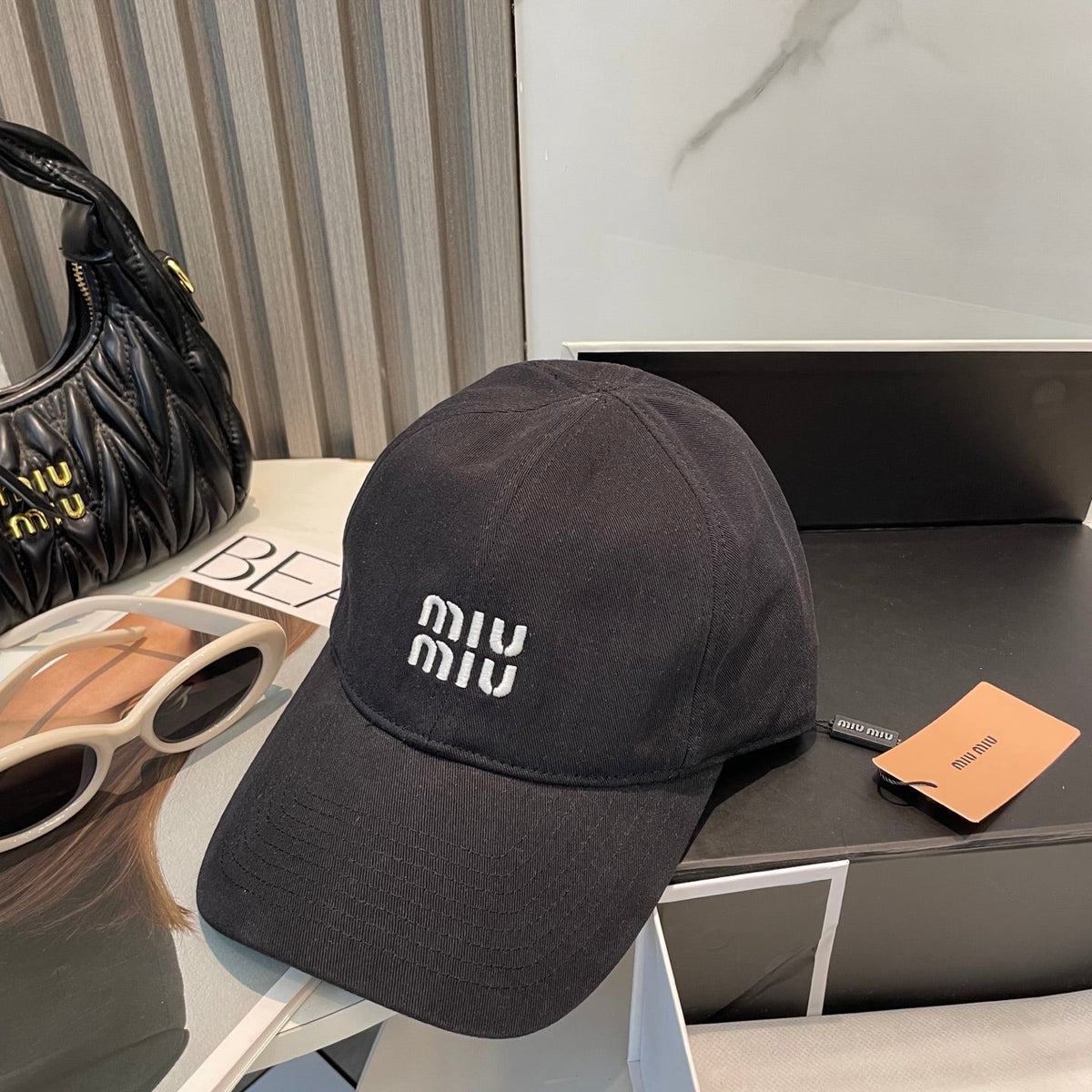 MIU MIU MM BASEBALL CAP IN BLACK FABRIC BRAND EMBROIDERY