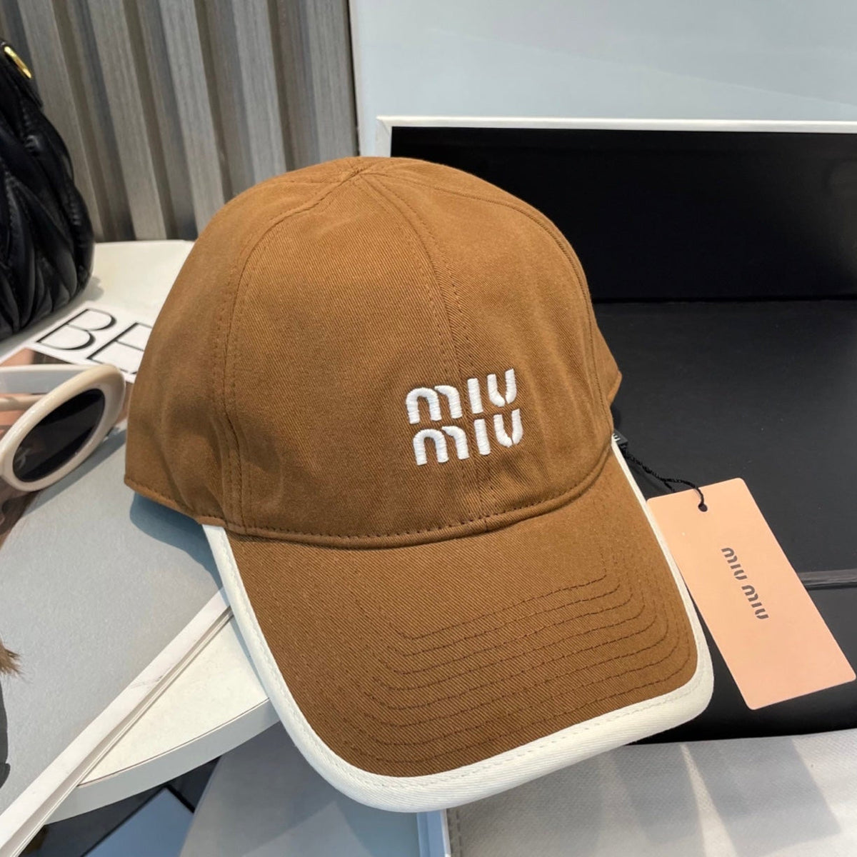 MIU MIU MM BASEBALL CAP IN BURNT ORANGE FABRIC STYLE 5