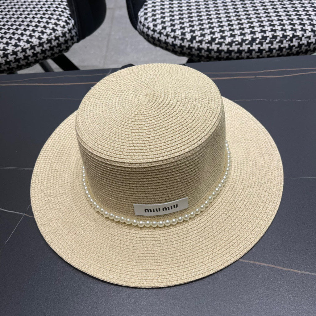 MIU MIU MM SMALL-BRIM STRAW HAT IN LIGHT BEIGE AND PEARL EMBELLISHED
